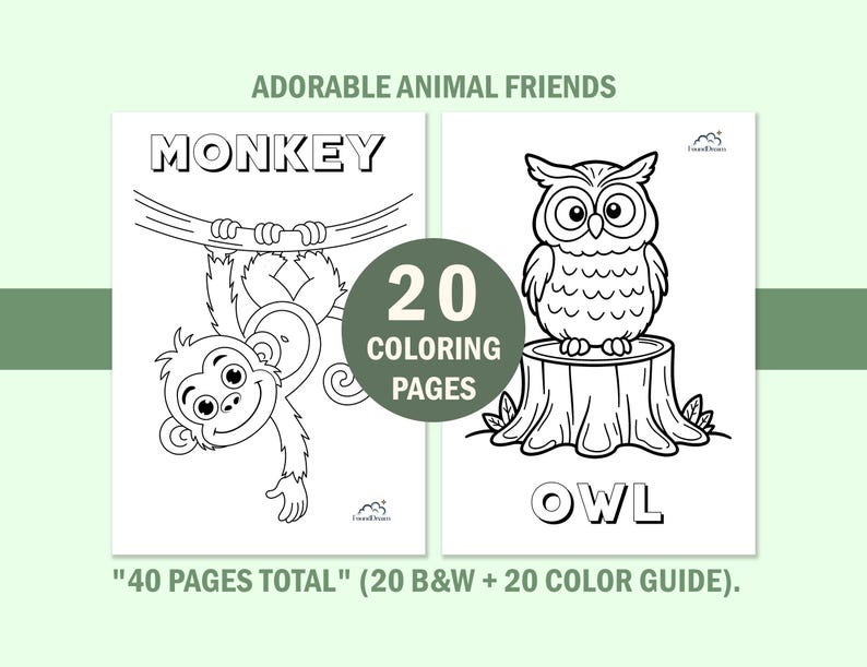 Educational kids animal coloring book pages featuring a cute monkey and Owl. Includes a black and white version for coloring and a color version as a reference guide. Large block letters at the bottom show the animal names for vocabulary learning.
