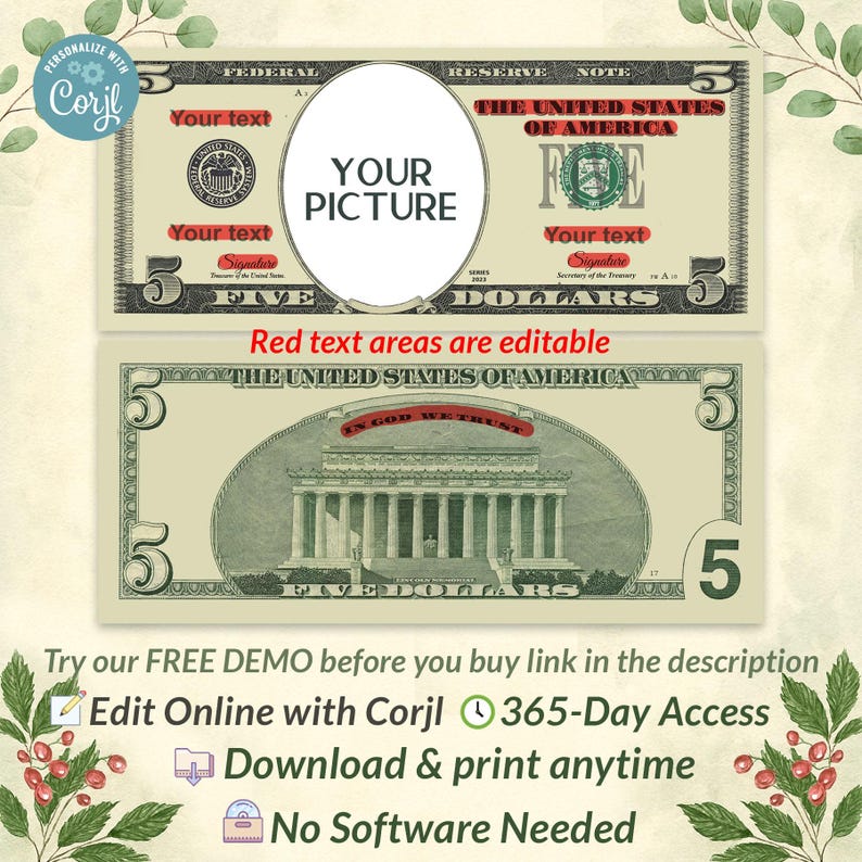 Custom Play Money Example Custom Face on 5 Dollar Bill, Personalized Play Money for 5th Birthday ...