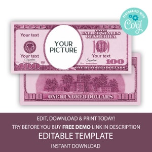 Editable Pink Hundred Dollar Bill, Money Bill Art, Digital Money, Your face on money, Customized Bucks, Editable Corjl Template