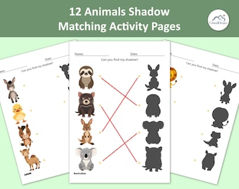 12 Animal Shadow Matching Activity Pages for Toddlers - Jungle Safari Busy Book - Montessori Preschool Worksheets - Instant Download PDF