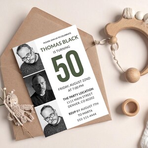 Modern 50th birthday invitation featuring a vertical 3-photo collage strip on the left. Minimalist white design with bold olive green typography and a large number "50". Fully editable Corjl template suitable for men or women