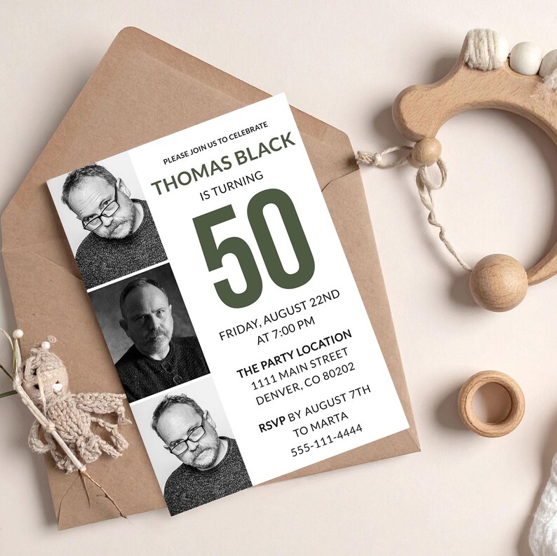 Modern 50th birthday invitation featuring a vertical 3-photo collage strip on the left. Minimalist white design with bold olive green typography and a large number "50". Fully editable Corjl template suitable for men or women
