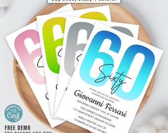 Editable 60th Birthday Invitation Template – Digital & Printable – 4 Color Options – Instant Download – Mobile-Friendly