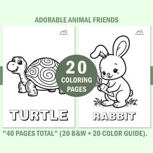 Educational kids animal coloring book pages featuring a cute turtle and rabbit. Includes a black and white version for coloring and a color version as a reference guide. Large block letters at the bottom show the animal names for vocabulary learning.