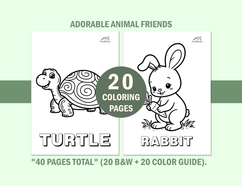 Educational kids animal coloring book pages featuring a cute turtle and rabbit. Includes a black and white version for coloring and a color version as a reference guide. Large block letters at the bottom show the animal names for vocabulary learning.