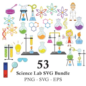 Può includere: Un pacchetto SVG colorato per laboratorio scientifico con 53 elementi. Include becher, atomi, provette, una lampadina e attrezzature da laboratorio. Il testo recita "53 Science Lab SVG Bundle PNG - SVG - EPS".