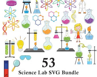 Science Lab SVG Bundle, 53 Chemistry Laboratory Designs, STEM Teacher Clipart, Scientist PNG, Beaker Atom dna Microscope, Cricut Cut File