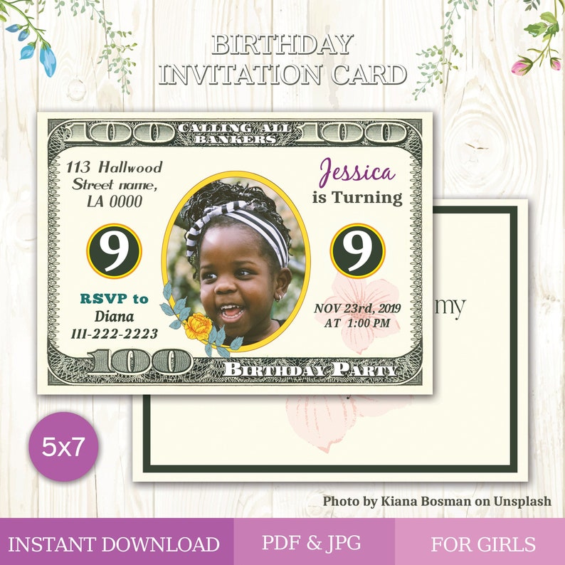 Dollar Bill Invitation Card Birthday Party Girl Invitation Etsy
