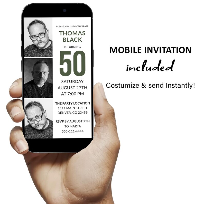 Mobile 50th Birthday Invitation for men or women. Electronic smartphone invite with photo collage. Army green and white digital template. Textable invite for SMS, WhatsApp, or iMessage. Instant download editable in Corjl.