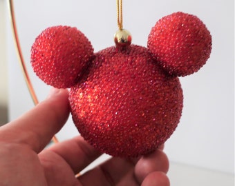 Vintage Disney Glass Christmas Tree Ornament Vibrant Red Minnie Mouse, Mickey Mouse head, Three Dimensional,