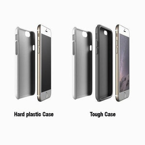 May include: Image of two phone cases and two phones. The text reads "Hard plastic Case" and "Tough Case". The phone on the right has a black screen and a silver frame. The phone cases are silver and black.