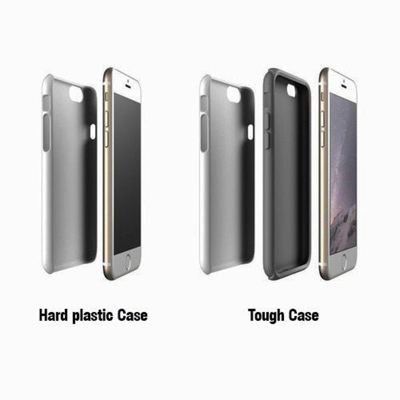 May include: Image of two phone cases and two phones. The text reads "Hard plastic Case" and "Tough Case". The phone on the right has a black screen and a silver frame. The phone cases are silver and black.