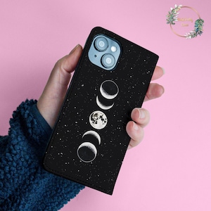 Funda de cuero tipo cartera con diseño de luna y estrellas para iPhone 16, 15 Pro Max, X, XS, SE, Galaxy S22, S21, S20, S10 Plus, Ultra Pixel 9, 8 y tarjetero oh6w