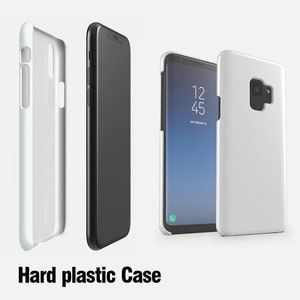 May include: Four smartphone cases are displayed, showcasing a variety of designs. The cases include a clear, a black, and two white cases. The text "Hard plastic Case" is at the bottom of the image. The phones are in different positions, highlighting the case's design.