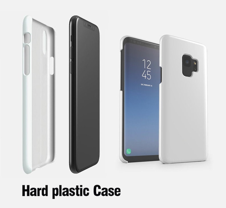 May include: Four smartphone cases are displayed, showcasing a variety of designs. The cases include a clear, a black, and two white cases. The text "Hard plastic Case" is at the bottom of the image. The phones are in different positions, highlighting the case's design.