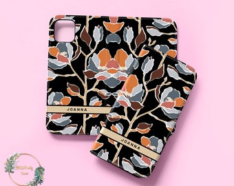 Personalisierte Leder Brieftasche Flip Case Kundenspezifische Blumen Monogramm Name iPhone 16 17 15 14 Samsung S25 S24 S21 fe A54 A16
