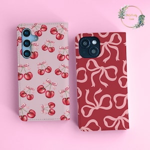Étui portefeuille à rabat Cherry bows pour iPhone 15 14 13 Pro Max X XS SE pour Samsung S22 S21 S20 S10 Plus Ultra Note Pixel 6a 6 porte-cartes chbw