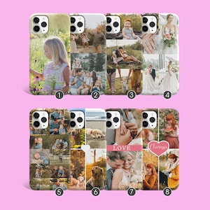 May include: Eight different phone cases with collage style designs featuring various photos of people, landscapes, and animals. The cases are all white with a gold trim and a clear back.