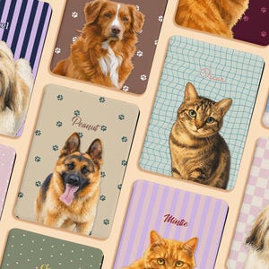 May include: A collection of rectangular pet portraits featuring various dogs and cats on patterned backgrounds. Each portrait includes a custom name such as Axel, Peanut, Oscar, or Mintie, with illustrations of breeds like Shih Tzu, German Shepherd, and tabby cat.