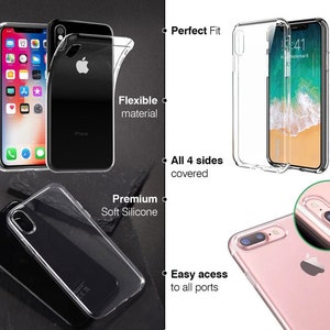 May include: Clear, flexible phone cases are shown, highlighting features like a perfect fit, full coverage, and easy access to ports. The cases are displayed on black and pink phones, showcasing the design and protection offered.