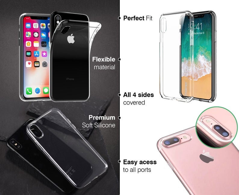 May include: Clear, flexible phone cases are shown, highlighting features like a perfect fit, full coverage, and easy access to ports. The cases are displayed on black and pink phones, showcasing the design and protection offered.