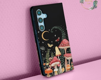 Étui portefeuille à rabat en similicuir Champignons pour Galaxy S25 S24 S23 S22 A25 A54 iPhone 16 15 pro 14 plus 13 12 11 Pixel 9 pro 6a 7a 8a wallet71