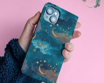 Etui portefeuille en cuir Stars Night pour iPhone 16 15 14 Pro Max XS SE pour Samsung Galaxy S22 S21 Plus Ultra Pixel 6a 6 porte-cartes wallet96