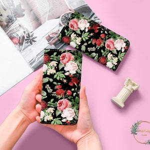 Capa tipo carteira de couro floral com flip para iPhone 15, 14, 13 Pro Max, X, XS SE, Galaxy S22, S21, S20, S10 Plus, Note, Google Pixel 9, 8, 7, porta-cartões b31
