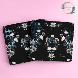 Cartera con flores negras para Samsung S24 plus, S23, S22 Ultra, S21 FE, S20, Galaxy A52, A35, iPhone 16, 15 Pro Max, 14, 13, 12, 11, 8, 7, Pixel 9, 6, 8A, O75