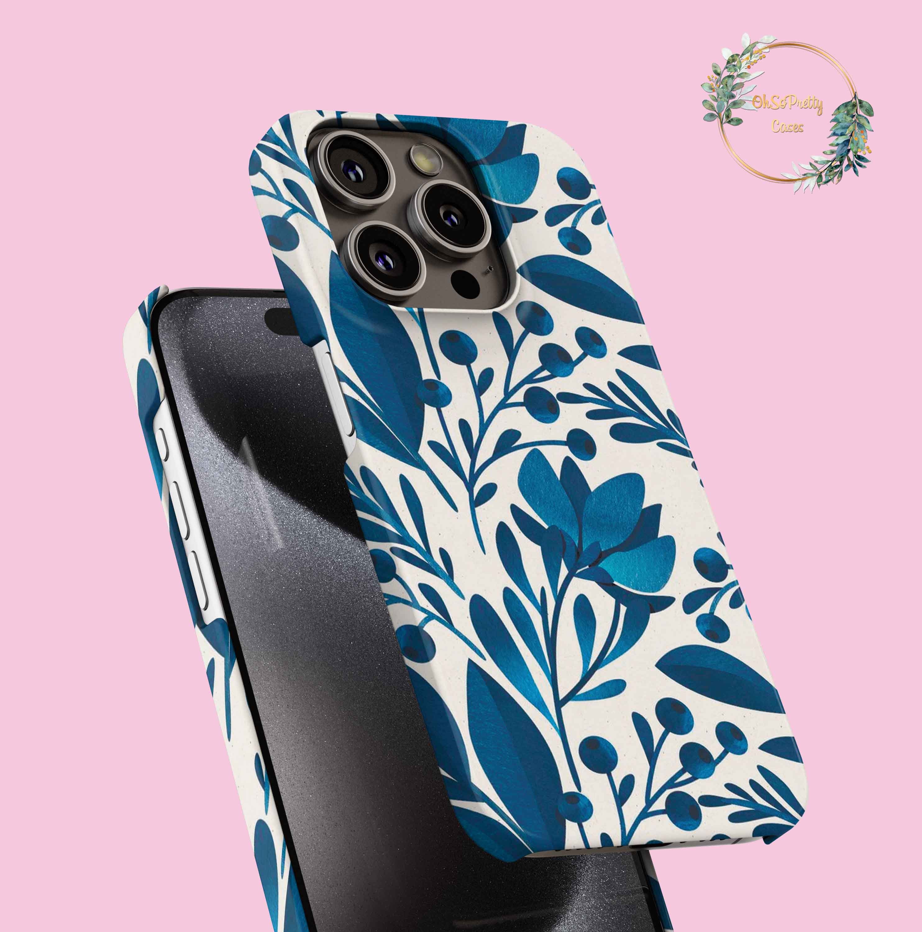 Blue Floral Case for iPhone 17 16 15 14 13 11 Pro Max XR XS Max X