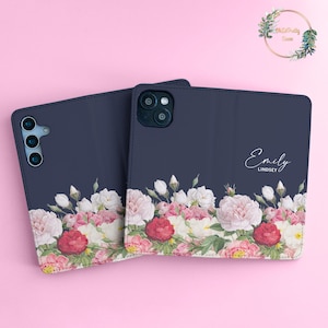Funda tipo cartera personalizada con diseño de flores y monograma de amor degradado para iPhone 16, 15, 14, 13, XR, XS, Galaxy S25 y S24, funda tipo cartera para Pixel 9a wallet87
