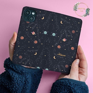 Space Planets Brieftasche Flip Case Custom Galaxy Ombre Liebe Monogramm Name iPhone 14 13 12 11 XR XS Samsung Galaxy Brieftasche Fall Google Pixel o73w