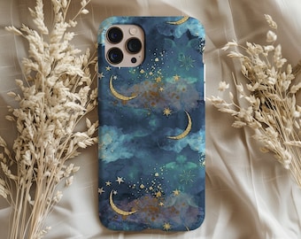 May include: A blue and gold phone case with a moon and stars pattern. The case has a watercolor effect and features gold glitter accents.