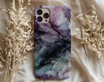 May include: A phone case with an abstract design featuring shades of purple, gray, and black. The case has a camera cutout with three lenses.