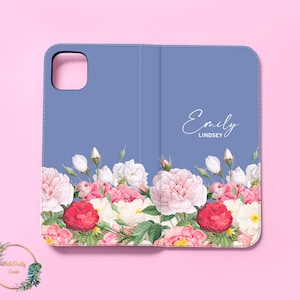 Funda tipo cartera personalizada con diseño de flores ombré y monograma de amor para iPhone 14, 13, 12, 11, 8, XR, XS, Galaxy, Google Pixel.