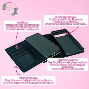 May include: A black phone case with a white design. The case has a flap that folds over the phone and has card slots, a magnetic closure, and a cutout for the camera. The text on the case reads "Card Slots: Securely hold your credit cards, ID, or business cards for easy access. Perfect for travel or everyday use." and "Opening For Camera: Provides protection for the camera of your phone with ability of using it while your phone case is closed."