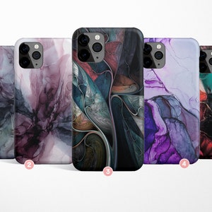 May include: Five different iPhone cases with abstract art designs. The cases feature a variety of colours, including black, white, grey, purple, pink, teal, and orange. The designs are all unique and feature swirling patterns.