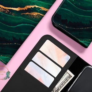 Funda tipo cartera de piel con diseño de mármol verde para Google Pixel 8, 7a, 9, 6a, 8a, iPhone 16 Pro Max, 14 Plus, 16, 13, 12 y 11, Galaxy S26, S24, S23 y A54 wallet98