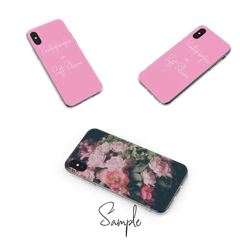 May include: Three phone cases. Two are light pink with the text "Printing surface on Soft Silicone". The third case has a floral design with pink and white roses. The word "Sample" is written in cursive.