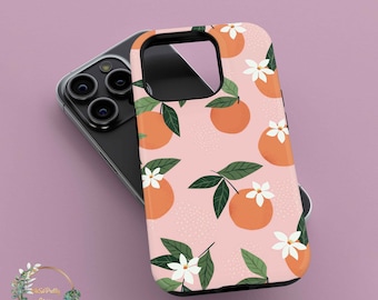 May include: A pink phone case with a white floral and orange pattern. The case has a cutout for the camera lens.