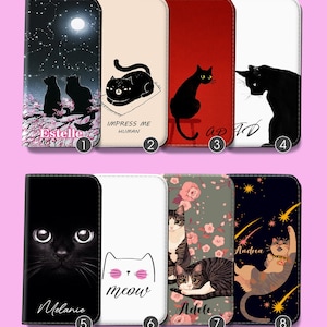 Funda tipo cartera de piel con tapa para iPhone 16, 15 Pro Max SE, Samsung S25, S24, S23 Plus, Ultra Note, Google Pixel 6a, 6, gato negro, gatito lindo