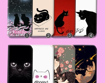 Wallet Flip Case for iPhone 14 13 12 Pro Max XS SE for Samsung S22 S21 S20 S10 Plus Ultra Note Google Pixel 6a 6 Black Cat Cute Kitten Kitty