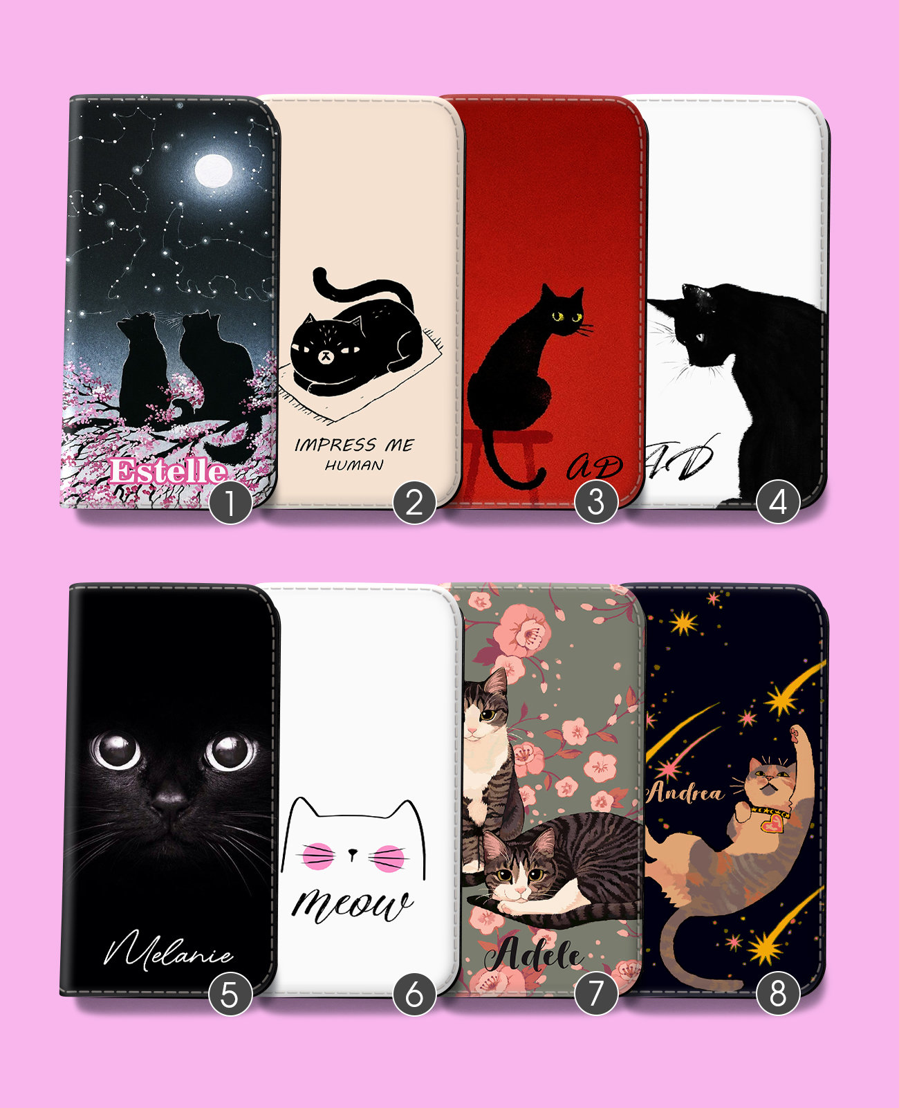 Wallet Leather Flip Case for iPhone 16 15 Pro Max SE for Samsung S25 S24 S23 Plus Ultra Note Google Pixel 6a 6 Black Cat Cute Kitten Kitty