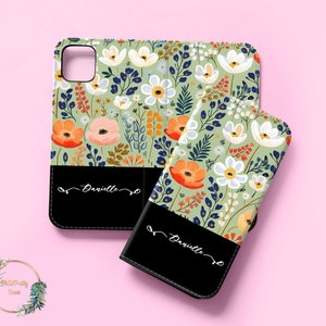 Gepersonaliseerde leren portemonnee flip case aangepaste bloemen monogram naam iPhone 16 15 14 XR XS Galaxy S25 S24 S23 kaarthoesje Pixel 9 8 7 portemonnee46