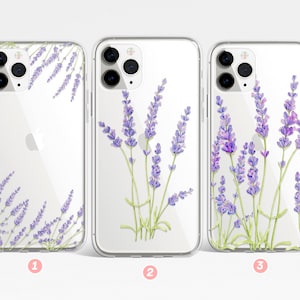 May include: Clear phone cases with lavender floral designs. The cases feature purple lavender flowers and green stems, with different arrangements on each case. The cases are designed for a smartphone.
