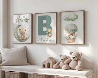 Teddy Bear Nursery Prints, Set of 3, Personalised Wall Art