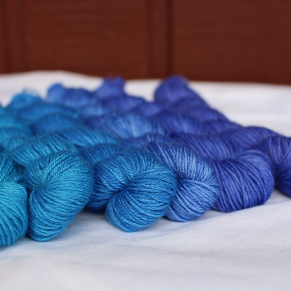 Hand Dyed Gradient Sock Yarn - Six Mini skeins - 150 grams Purple through Blue Fingering yarn Sock wool