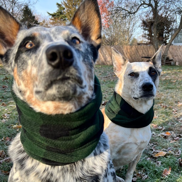 Buffalo Checkered green and black fleece dog scarf, plaid infinity scarf, Dog snood, pet scarf, pet snood, neck buff, dog gift, winter dog