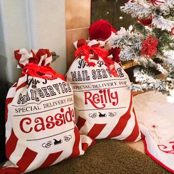 PERSONALIZED SANTA SACK Candy Cane Red Stripe Canvas Sack
