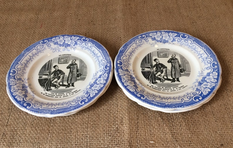 Collectible talking plates French Antique Ironstone Dessert Plate Creil et Montereau blue plates Humour Domestic workers plates,